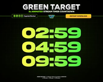 3x Green Target Animated Stream Timer Countdown Pack for Twitch, Youtube, Kick | Modern - Neon - Circle - Clean - Green - Yellow - Black.