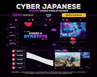 Blaues animiertes Stream Overlay Paket | Japanisches Twitch Overlay Paket | Cyberpunk Animiertes Twitch Overlay Paket | Twitch Panels | Stream-Overlay