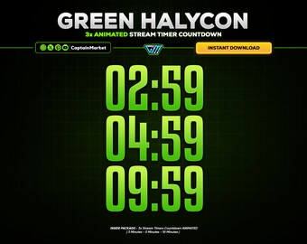 3x Green Halycon Animated Stream Timer Countdown Pack for Twitch, Youtube, Kick | Modern - Neon - Circle - Clean - white - Black.