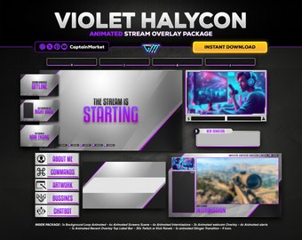 violet animated stream overlay package for twitch,youtube,kick | clean - minimalist - Tech - cyberpunk - Modern - white - black.