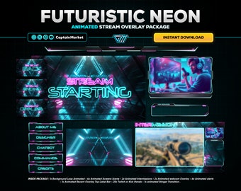 futuristic neon animated stream overlay package for twitch,youtube,kick | Geometric - Sci-fi - Tech - cyberpunk - Modern - pink - Teal.