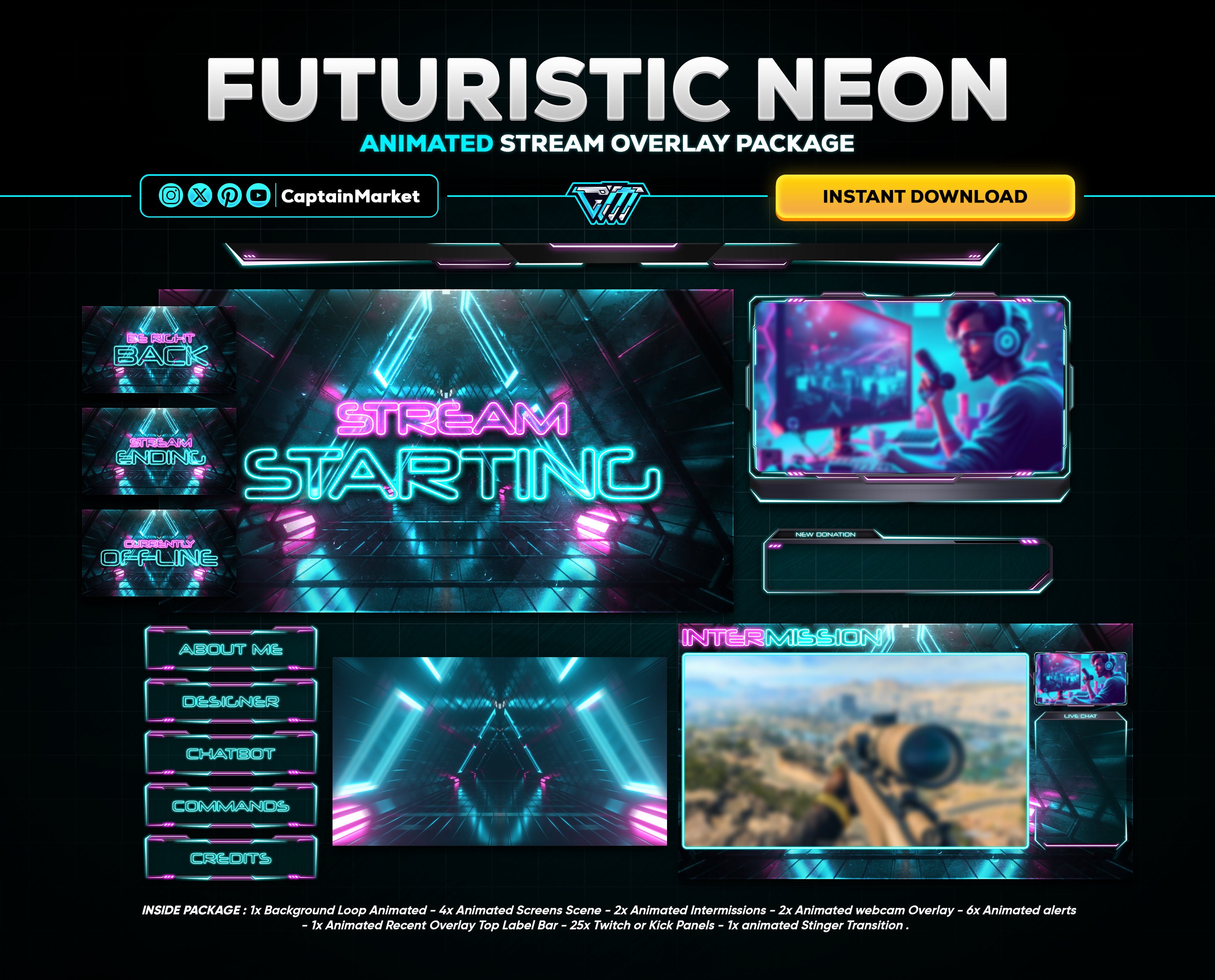 Futuristic Neon Stream Overlay Package: Cyberpunk Twitch, YouTube, Kick (Digital Download)
