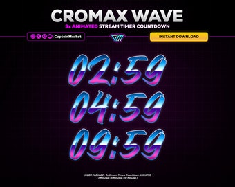 3x Cromax Wave Animated Stream Timer Countdown Pack for Twitch, Youtube, Kick | Synthwave - Neon - Retro - Vaporwave - Pink - Blue - 80s.