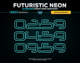 3x Futuristic Neon Animated Stream Timer Countdown Pack for Twitch, Youtube, Kick | Geometric - Sci-fi - Tech - cyberpunk - Modern - Teal.