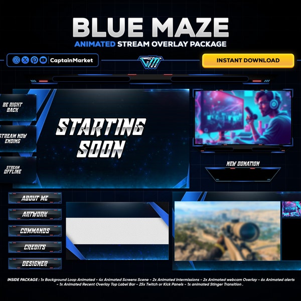 BLUE Animated Twitch Overlay Stream Package - Blue Maze | Clean Animated Stream Overlay Pack for Twitch, Kick, Youtube, Facebook Streaming