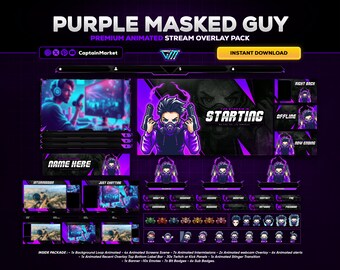 purple animated stream overlay package for twitch/youtube/kick | clean - minimalist - modern | screens, webcam.panels,alerts,emotes,badges.