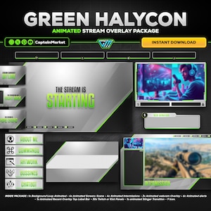 green halycon animated stream overlay package for twitch,youtube,kick | Modern - Neon - futuristic - Clean - emerald - Black - Multicolor.
