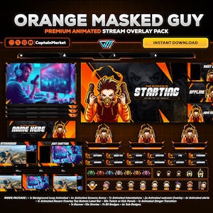 orange animated stream overlay package for twitch,youtube,kick | screens,alerts,webcams,panels,transition,emotes,badges | perfect gamer gift