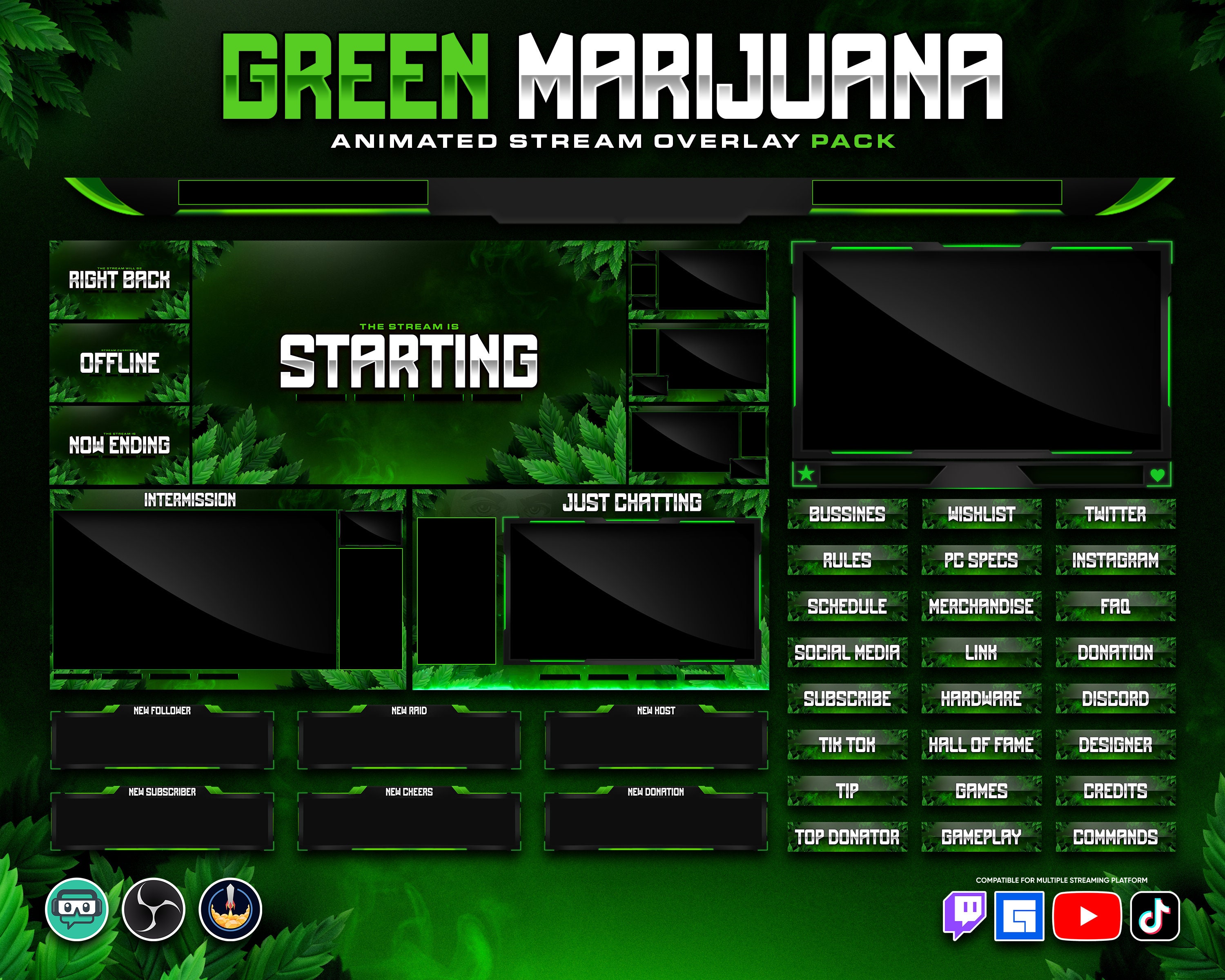 GREEN Animated Stream Overlay Pack Marijuana Twitch Overlay Pack Green