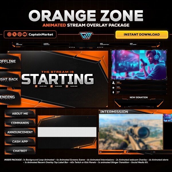 Animated Twitch Overlay Stream Package - Orange Zone | Orange Animated Stream Overlay Pack for Twitch, Kick, Youtube, Facebook Streaming