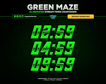 3x Green Maze Animated Stream Timer Countdown Pack for Twitch, Youtube, Kick | Modern - Neon - Circle - Clean - white - Black.