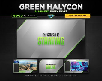 8x green animated stream screens scene pack for twitch,youtube,kick | clean - minimalist - Tech - cyberpunk - Modern - white - black.