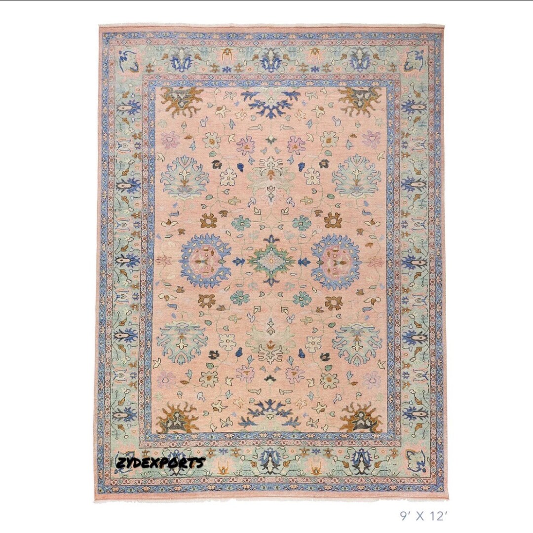 Pushak Rug 12x15 Persian Hand-knotted Oushak Rug Peach and Pastel Floral Design ...