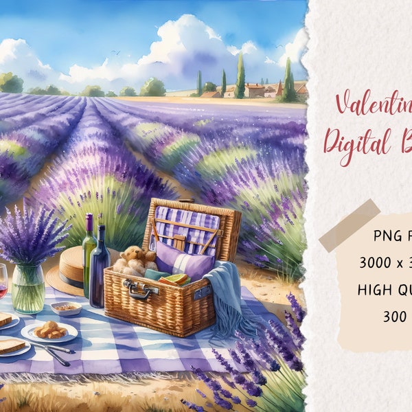 Romantic Picnic Basket, Lavender Field, Valentine's Day Digital Backdrop Images, Images for Photoshop, 300 DPI , Romantic Scrapbook Supplies