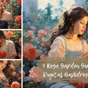Rose Garden Girl Digital Backdrop Images, Girl in Rose Garden Images, Melancholic Girl in Garden Picture Images for Photoshop