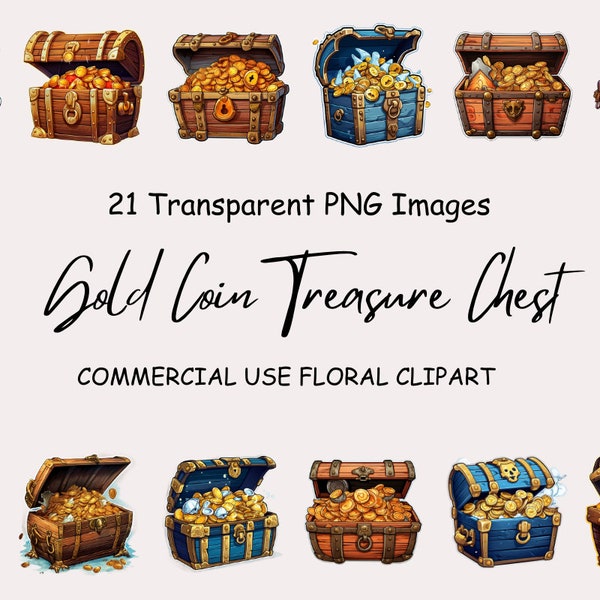 Treasure Chest Clipart Pack, Gold Coin Treasure Chest Graphics Clipart,  Commercial Use, Treasure Chest  Image Transparent Clipart