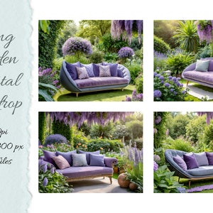 Images numériques de toile de fond de sofa de lavande de jardin de ressort, images de sofa de meubles de jardin, images de sofa de lilas dans des images de jardin pour Photoshop