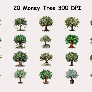 May include: Twenty illustrations of money trees, each with a different pose and style. The trees are made of dollar bills and have green leaves. The text "20 Money Tree 300 DPI" is at the top of the image.