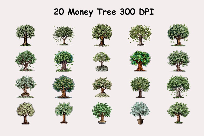May include: Twenty illustrations of money trees, each with a different pose and style. The trees are made of dollar bills and have green leaves. The text "20 Money Tree 300 DPI" is at the top of the image.