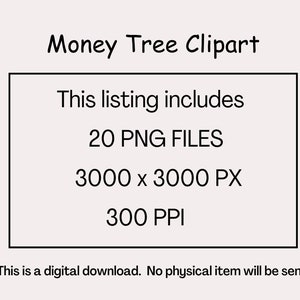 May include: A black and white text graphic that says "Money Tree Clipart". The text is in a handwritten font. Below the title is a white rectangle with black text that says "This listing includes 20 PNG FILES 3000 x 3000 PX 300 PPI". Below the rectangle is a sentence that says "This is a digital download. No physical item will be sent."
