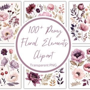 Clipart d'éléments floraux pivoine rose en sourdine, Clipart floral Transparent, numérique Png, éléments floraux aquarelle pivoine