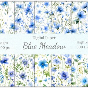 Modello di carta digitale con fiori di prato blu, confezione di carta digitale floreale blu, modello digitale di fiori, licenza commerciale con motivo floreale
