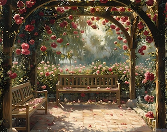 May include: A wooden garden arbor covered in pink roses with two wooden benches underneath. The arbor is made of wood with a lattice design and is covered in pink roses. The benches are made of wood and have a slatted design. The benches are empty and there are fallen rose petals on the ground.