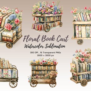 花柄ブックカート クリップアート、女性向けの読書好き向けギフト、コテージコア ブックシェルフ クリップアート、透明な花 png、商用利用