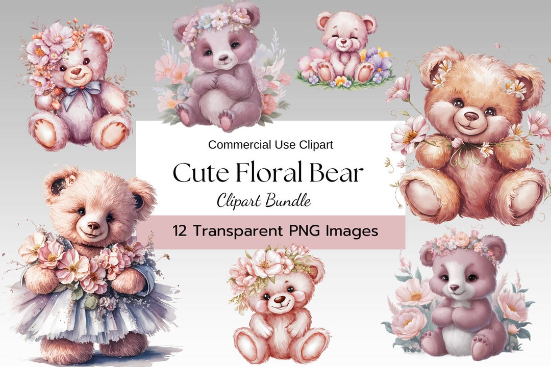 Floral Teddy Bear Clipart , Cute Pastel Bear With Flowers, Digital ...