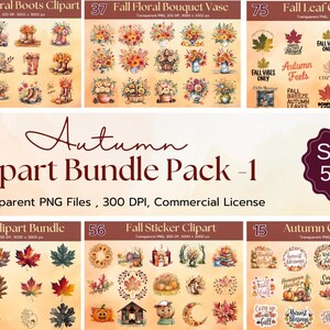 Pack de cliparts automne - fleurs d'automne, bottes, feuilles et citations, parfait pour les travaux manuels d'automne, licence commerciale, PNG transparent, 300 DPI,