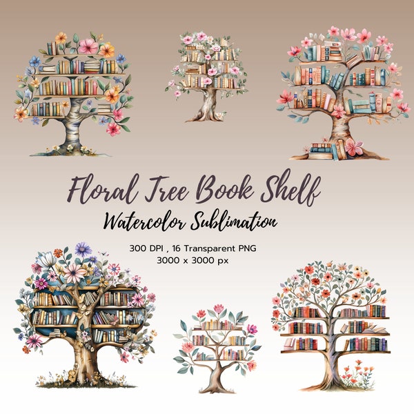 Floral Tree Book Shelf Clipart , Book Lovers Gifts for Women, Cottage Core Book Shelf Clipart PNG, Transparent Flowers PNG, Commercial Use