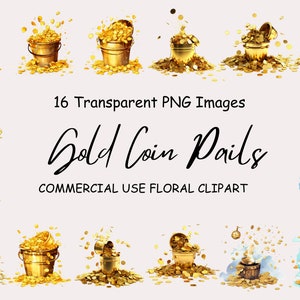 Pacchetto di clipart di secchi di monete d'oro, clipart grafica di monete d'oro, uso commerciale, clipart trasparente di immagini di monete d'oro