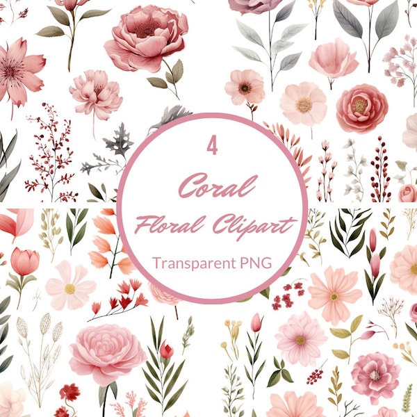 Coral Floral Elements Clipart,  Transparent Floral Clipart, Digital Png, Watercolor Floral Elements