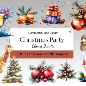 Christmas Party Clipart Bundle | 30 Festive Watercolor PNGs | Digital Holiday Art for DIY Projects