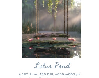May include: A wooden swing hangs over a pond with lily pads and pink lotus flowers. The swing is made of rope and a wooden plank. The pond is surrounded by green foliage.