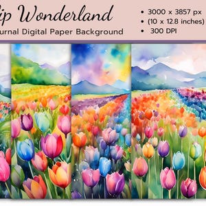 Pays des merveilles des tulipes | 4 arrière-plans papier numérique Junk Journal | Tulipes à l'aquarelle | Art imprimable | Scrapbooking | 300 ppp