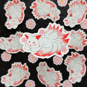 Kitsune Fox Ninetails Shimmery Sticker • Holographic Pink White Cherry Blossoms
