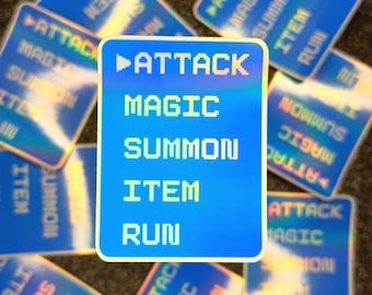 Fantasy Battle JRPG Menu Holographic Sticker • Classic Nostalgic Retro Encounter Attack Magic Summon Item Run RPG