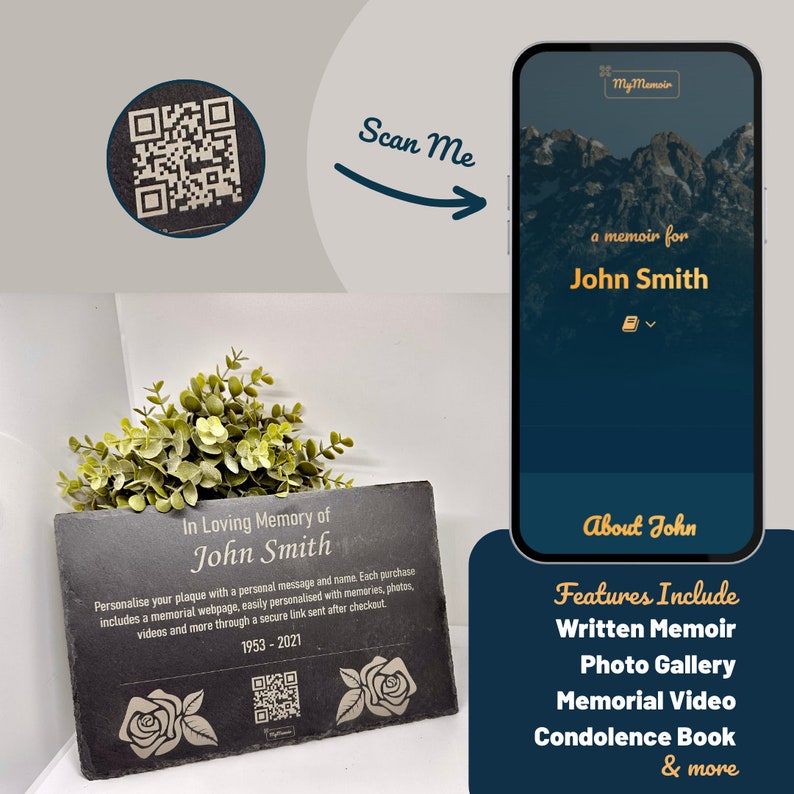 Memorial page and QR Code Memorial Plaque for Loved One's Headstone