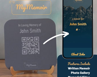 Memorial Webpage and QR Code Memorial Plaque for Loved One's Headstone Grave Marker; Bereavement Gifts for Loss of Loved One | Black/Large