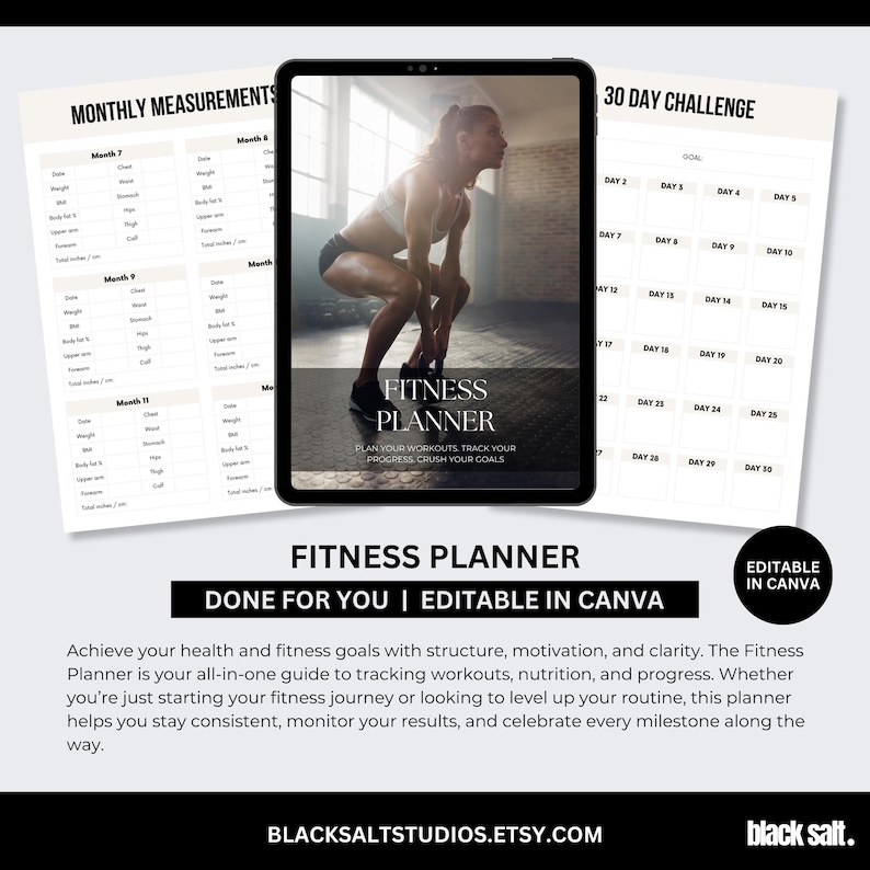 Pu&ograve; includere: Un fitness planner digitale su un tablet, con pagine per misurazioni mensili e una sfida di 30 giorni. Il tablet mostra una donna che si allena. Il testo include "Fitness Planner" e "Modificabile in Canva."
