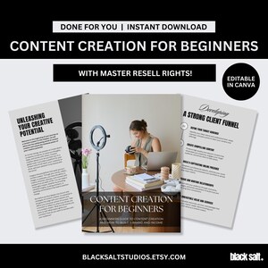 May include: A digital product titled "Content Creation for Beginners" with the text "Done For You | Instant Download" and "With Master Resell Rights!". The image shows a woman working on a laptop with a ring light and several printed guides.