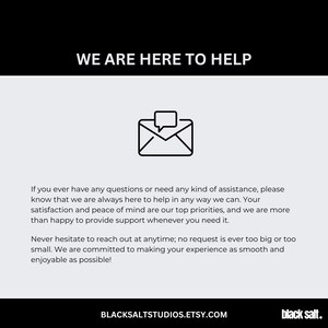 Pu&ograve; includere: Grafica in bianco e nero con la scritta "WE ARE HERE TO HELP" in alto. Sotto, un'icona di busta con un fumetto. Il testo indica che il negozio &egrave; disponibile per aiutare.