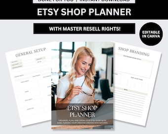 Puede incluir: Un planificador de tienda Etsy con el texto "Done For You | Instant Download" y "Etsy Shop Planner". La imagen incluye páginas para la configuración y la marca de la tienda, con el texto "Editable in Canva". Una mujer sostiene gafas.