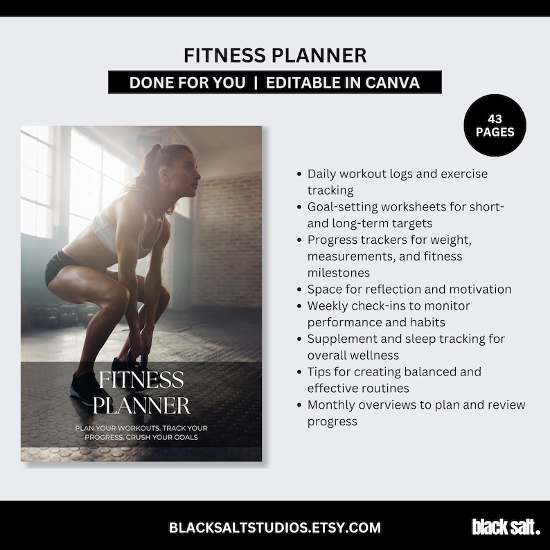 Pu&ograve; includere: Un pianificatore di fitness con il testo "FITNESS PLANNER" e "DONE FOR YOU | EDITABLE IN CANVA." L'immagine include una donna in abbigliamento sportivo. Include registri di allenamento, fogli di lavoro per la definizione degli obiettivi e tracker dei progressi. Il pianificatore ha 43 pagine.
