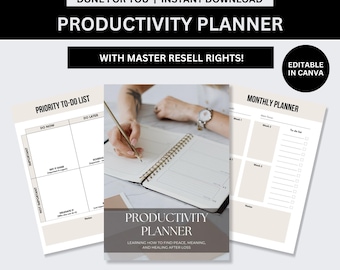 May include: A digital productivity planner with a priority to-do list and monthly planner pages. The cover reads "Productivity Planner" with the text "Learning how to find peace, meaning, and healing after loss." The image also includes the text "Done for You | Instant Download" and "Editable in Canva."