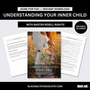 May include: A digital download titled "Understanding Your Inner Child" with master resell rights. The cover features a woman holding flowers in a field. Includes pages with text: "Building Trust" and "Conversation Prompts". Editable in Canva.