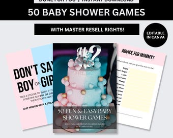 50 Fun & Easy Baby Shower Games with Master Resell Rights (MRR) | Editable Canva Template Guide Pregnancy Planner Digital Product PLR eBook