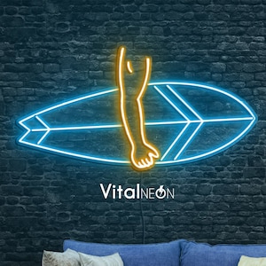 Surfboard Neon Sign, Surf Man LED Sign, Surfing Wall Decor, Gift for Surfer, Ocean Lover LED Decor, Surfboard and Surfman Neon Lights, Gift