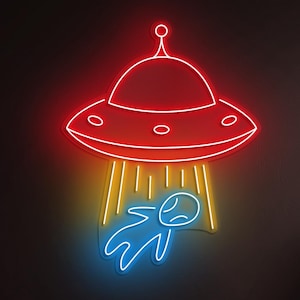 UFO Alien Abduction Neon Sign, LED Lights for Home Decor, UFO Flying Saucer Neon Sign, Best Gifts for Kids&#39; Rooms and Party Wall Decor, Gift